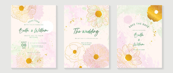 Fototapete - Luxury floral wedding invitation card template. Watercolor card with flowers, golden line art, pink and green color. Elegant blossom vector design suitable for banner, cover, invitation.