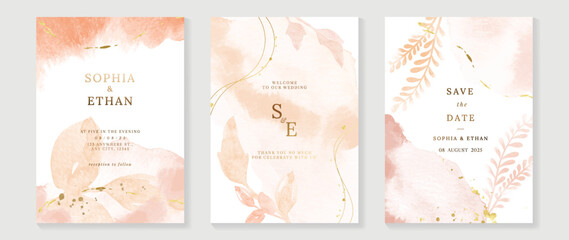 Fototapete - Luxury botanical wedding invitation card template. Watercolor card with fern, leaf branch, foliage, rose gold color. Elegant blossom vector design suitable for banner, cover, invitation.