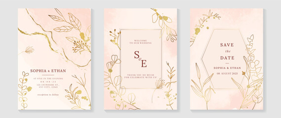 Fototapete - Luxury botanical wedding invitation card template. Watercolor card with eucalyptus, leaf branch, foliage, rose gold color, frame. Elegant blossom vector design suitable for banner, cover, invitation.
