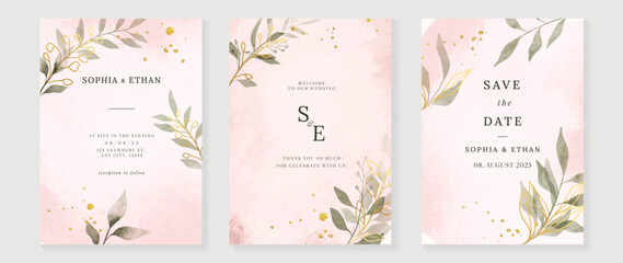 Fototapete - Luxury botanical wedding invitation card template. Watercolor card with flowers, leaf branch, foliage, rose gold color. Elegant blossom vector design suitable for banner, cover, invitation.
