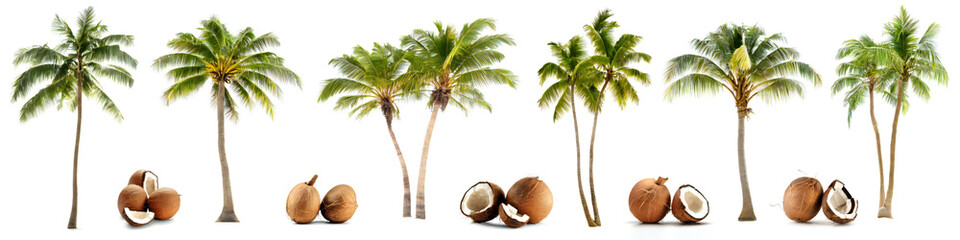 Wall Mural - coconut trees, cocos palms and coconuts isolated on white background