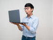 © Thanasak - Young asian businessman feels amazed looking at laptop isolated