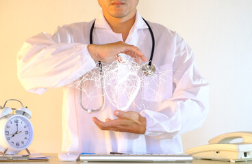 Poster - Cardiologist doctors use a virtual interface to examine the patient's heart functions and blood vessels. Medical technology and healthcare treatment to diagnose heart disorders.
