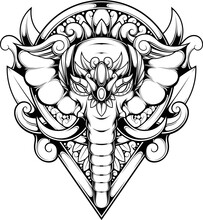 Vector Illustration Of Elephant Head With Etnic Drawing Style