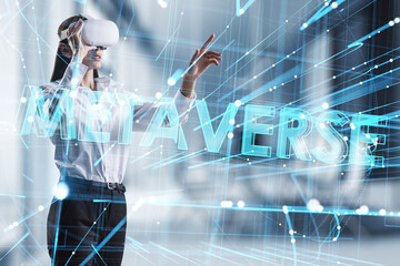 Poster -  businesswoman with VR glasses looking at creative glowing metaverse lines hologram on blurry office interior background. Future, digital world and cyberspace concept. Double exposure.