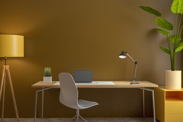 Aufkleber - Modern dark designer office workplace with various items, laptop, decorative plant and lamp. Workspace and home concept. 3D Rendering.