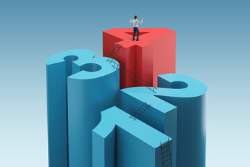Poster - Thoughtful young business man standing on abstract blue and red digit stairs. Progression, development, success and business plan concept.