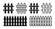 Wooden fence barrier icon set. Outline picket fence for domestic boundaries symbol vector illustration.