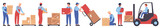 Fototapeta  - Warehouse workers set vector illustration. Cartoon man driving forklift transport to move boxes and packages, people carrying and packing stack of goods isolated white. Logistics, storage concept