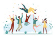 © Flash Vector - Happy people celebrate victory. Cartoon colleague, friends or employees toss winner on celebration, group of male and female characters rejoice vector illustration. Community, party, win concept