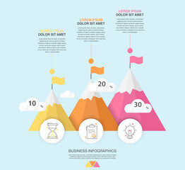 Vector timeline infographic template. Modern mountains graph with 3 steps, circles, achievement, mission business options. Geometric concept for web, app, project, chart, banner, presentations, report