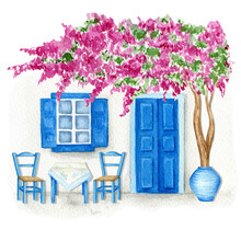 Traditional Greek House With Flowers Watercolor Illustration Isolated In White Background, Greece Islands Blue White Traditional Cafe Restaurant Architecture, Santorini Blue Door Window.