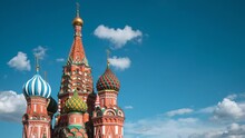 Time Lapse View Of Historic Landmark Saint Basil's Cathedral, An Orthodox Church Built From 1555 To 1561 In The Red Square Of Moscow, Russia.	