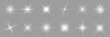 Glowing star light effect collection. Light effect of sparkling stars and bright flashes. White and silver sparkles and particles with glowing light. White flickers on transparent background. Vector