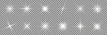 Glowing Star Light Effect Collection. Light Effect Of Sparkling Stars And Bright Flashes. White And Silver Sparkles And Particles With Glowing Light. White Flickers On Transparent Background. Vector
