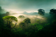 Misty Jungle Rainforest From Above In The Morning. Tropical Forest With Sun Rays And Fog. Aerial View. Nature Landscape Wallpaper Background.