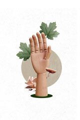 Poster - Creative photo 3d collage poster postcard artwork of person arm wood fingers help save nature isolated on painting background