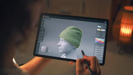 Poster - Young male 3D designer working remotely on 3D visualization of clothes in design app using digital tablet computer and stylus