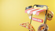 3d illustration online food order delivery on mobile with pizza, and burger