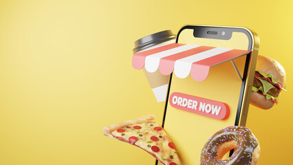 Poster - 3d illustration online food order delivery on mobile with pizza, and burger