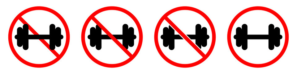 Sticker - Dumbbell ban sign. Dumbbell is forbidden. Set of red prohibition sign of dumbbell. Vector illustration