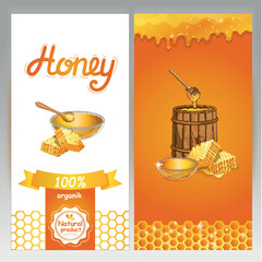 Poster - Natural honey advertising for vegan shop. Glass bowl, honeycomb and honey stick and wooden barrel with honey. Organic product, traditional and healthy food, sweet delicacy vector illustration.