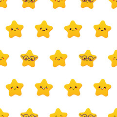 Wall Mural - Cute golden, yellow star characters vector seamless pattern background.
