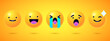 © karnografff - Round 3d emoticons set. Yellow Emoji faces emoticon smile, digital smiley expression emotion feelings, chat cartoon emotes. Vector illustration icons