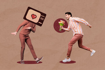 Aufkleber - composite collage picture of two guys tv instead head hold bouquet running isolated on drawing backg