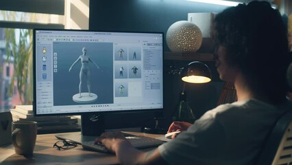Poster - Male young 3D designer having remote work on 3D modeling and designing clothes using pc with professional software while sitting at the table at home