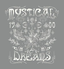 Wall Mural - MYSTICAL DREAMS.Retro 70's psychedelic hippie element illustration print with groovy slogan for man - woman graphic tee t shirt or sticker poster - Vector