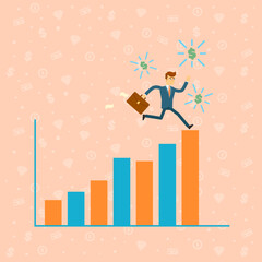 Wall Mural - Businessman run on financial diagram. Young man in business suit and tie moving to career success and business growth. Business people banner, finance statistics and analytics vector illustration