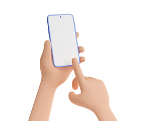 Poster - 3d render smartphone in hand with finger touch screen with blank display. Mockup of mobile phone and forefinger touching app button, isolated Illustration on white background in cartoon plastic style