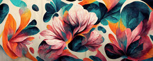 Floral Art Design Pattern For Wallpapers And Background Overlays Featuring Colourful Orange, Pink And Blue Flowers. Multicolour Flora Digital Art Work Drawing Of Wild Flowers. Generative Ai