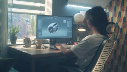 Poster - Male young engineer using pc with professional program and creating 3D prototype of airplane turbine while working remotely at home office
