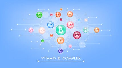 Vitamin B complex minerals. Multivitamins capsules isolated on blue background vector. Dietary supplement for pharmacy advertisement, vitamins package design. Science medic concept.