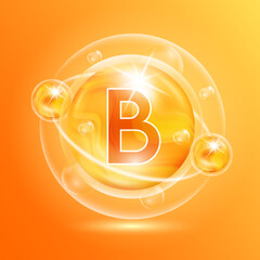 Vitamin B orange. Pill vitamins complex and bubble collagen serum chemical formula. Beauty treatment nutrition skin care design. Medical and scientific concepts. 3D Vector EPS10.