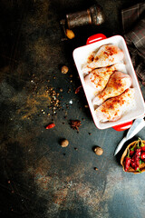 Poster - Raw uncooked chicken legs, drumsticks in bowl, meat with ingredients for cooking