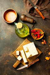 Canvas Print - Bowl with tasty tofu cheese on table