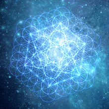 Sacred Geometry. Flower Of Life. Metatron's Cube. With Turquoise Blue And White Fractal Space Background.