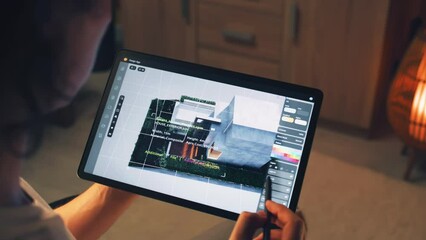 Male 3D designer having remote freelance project and working on smart house exterior in 3D modeling application using digital tablet computer and pencil