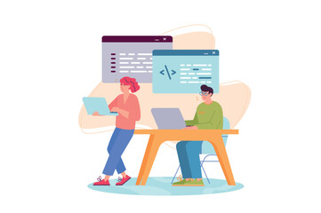 Poster - Concept Software developers with people scene in the flat cartoon design. Two programmers are testing software for a customer. Vector illustration.