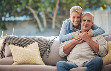 Poster - Mature couple, love bond and hug on house patio, home garden sofa and relax furniture chair in backyard. Portrait of smile, happy and retirement senior or man and woman in trust, security and safety