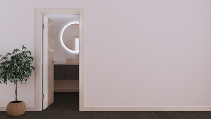 Open door on modern bathroom with washbasin, mock up with copy space. Empty room with dark parquet floor and white wall. Minimalist interior design