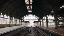 Vintage Retro Old Train Station Foggy Rainy Empty Apron . High Quality 4k Footage. No Trains No People Nineteenth Century