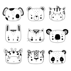 Wall Mural - A set of cute animal faces in a line. Vector illustration in the style of flat.