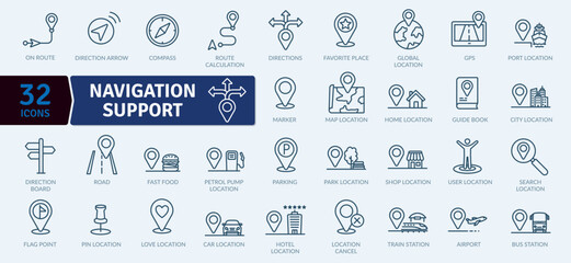 Navigation support icon pack. Collection of thin line icons that support digital navigation