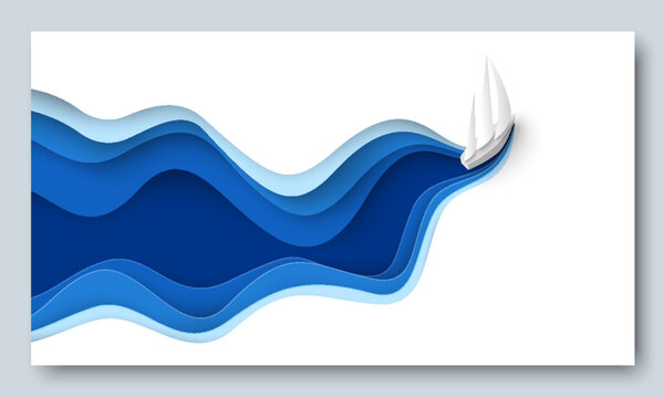 Fototapete - Paper cut sail boat over sea wave vector