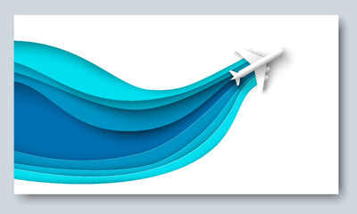 Paper cut airplane in sky vector travel banner