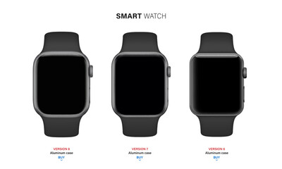 Poster - smart watch set in an aluminum case with silicone band isolated on white background. front view gray wrist clock with touch screen and sports strap. vector illustration
